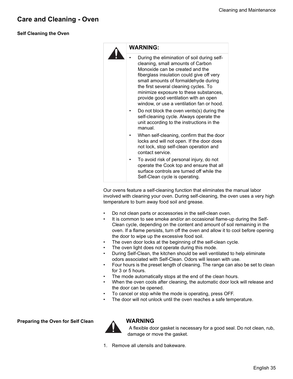 Care and cleaning - oven, Self cleaning the oven, Preparing the oven for self clean | Remove all utensils and bakeware | Bosch HES7282U User Manual | Page 39 / 148