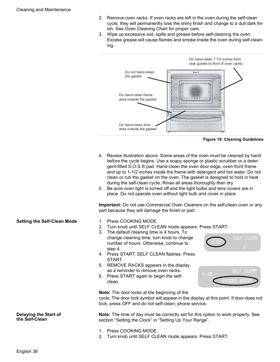 Figure 18: cleaning guidelines, Setting the self-clean mode, Press cooking mode | Press start. self clean flashes. press start, Remove racks, Press start again to begin the self- clean, Delaying the start of the self-clean | Bosch HES7282U User Manual | Page 40 / 148