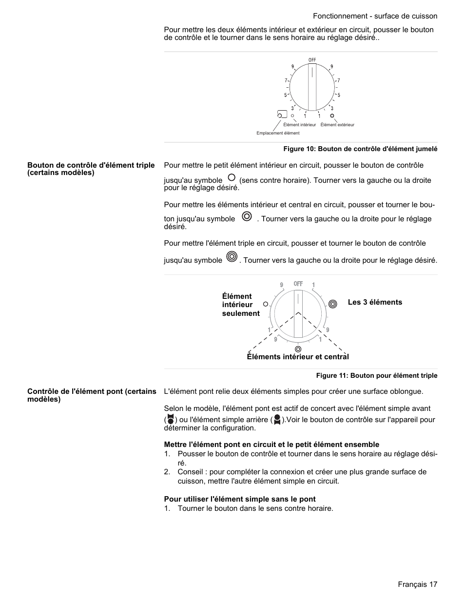 Figure 10: bouton de contrôle d'élément jumelé, Figure 11: bouton pour élément triple, Contrôle de l'élément pont (certains modèles) | Tourner le bouton dans le sens contre horaire | Bosch HES7282U User Manual | Page 67 / 148