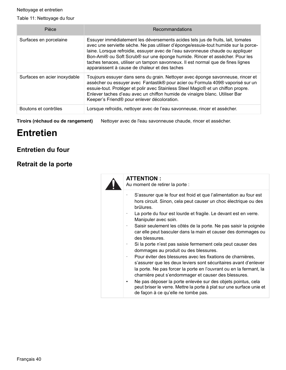 Tiroirs (réchaud ou de rangement), Entretien, Entretien du four | Retrait de la porte, Entretien du four retrait de la porte | Bosch HES7282U User Manual | Page 90 / 148
