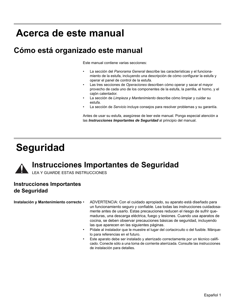Acerca de este manual, Cómo está organizado este manual, Seguridad | Instrucciones importantes de seguridad, Instalación y mantenimiento correcto, Acerca de este manual seguridad | Bosch HES7282U User Manual | Page 99 / 148