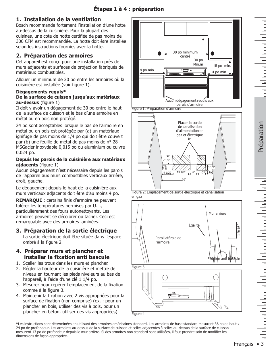 Pr épar ation, Français • 3 étapes 1 à 4 : préparation, Installation de la ventilation | Préparation des armoires, Préparation de la sortie électrique | Bosch HGS7282UC User Manual | Page 11 / 20