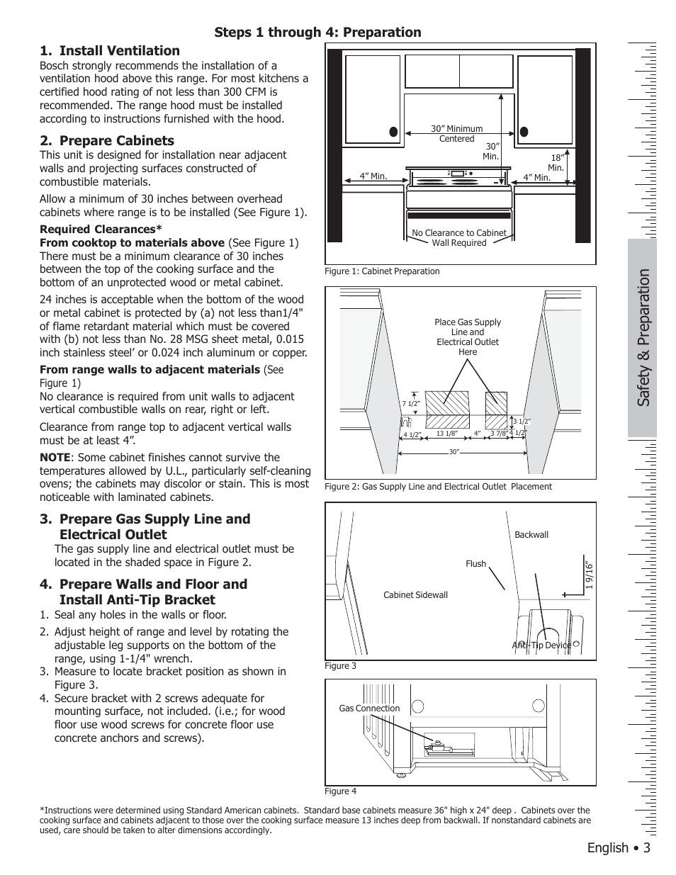 Saf et y & pr epar ation, English • 3 1. install ventilation, Prepare cabinets | Prepare gas supply line and electrical outlet, Steps 1 through 4: preparation | Bosch HGS7282UC User Manual | Page 5 / 20