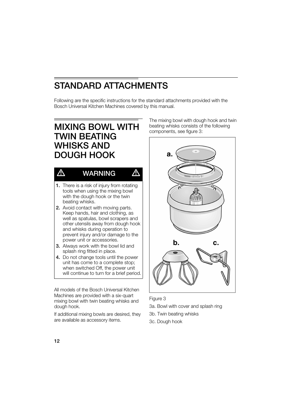 Standard attachments, Warning | Bosch MUM6N10UC User Manual | Page 12 / 88