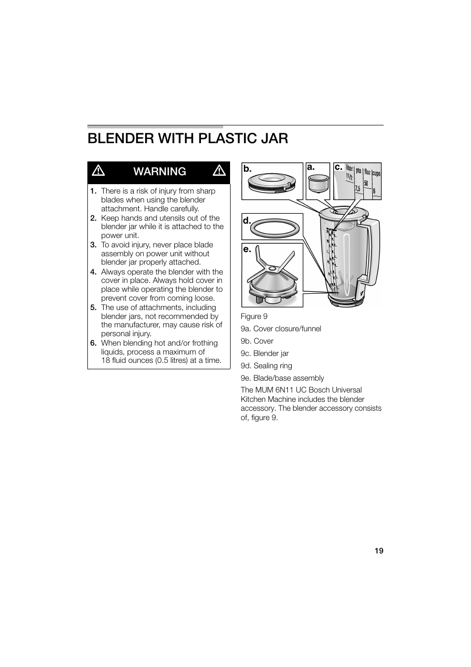 Blender with plastic jar, Warning | Bosch MUM6N10UC User Manual | Page 19 / 88