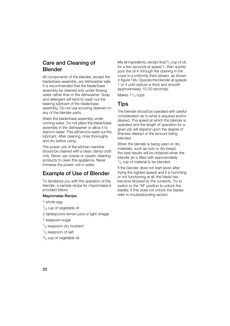 Care and cleaning of blender, Example of use of blender, Tips | Bosch MUM6N10UC User Manual | Page 22 / 88