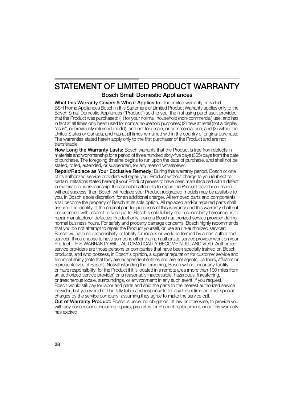 Statement of limited product warranty | Bosch MUM6N10UC User Manual | Page 28 / 88