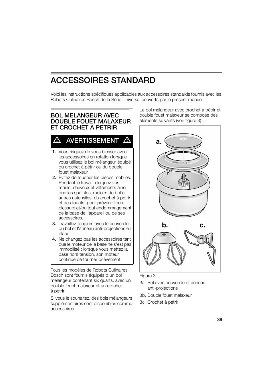Accessoires standard, Avertissement | Bosch MUM6N10UC User Manual | Page 39 / 88