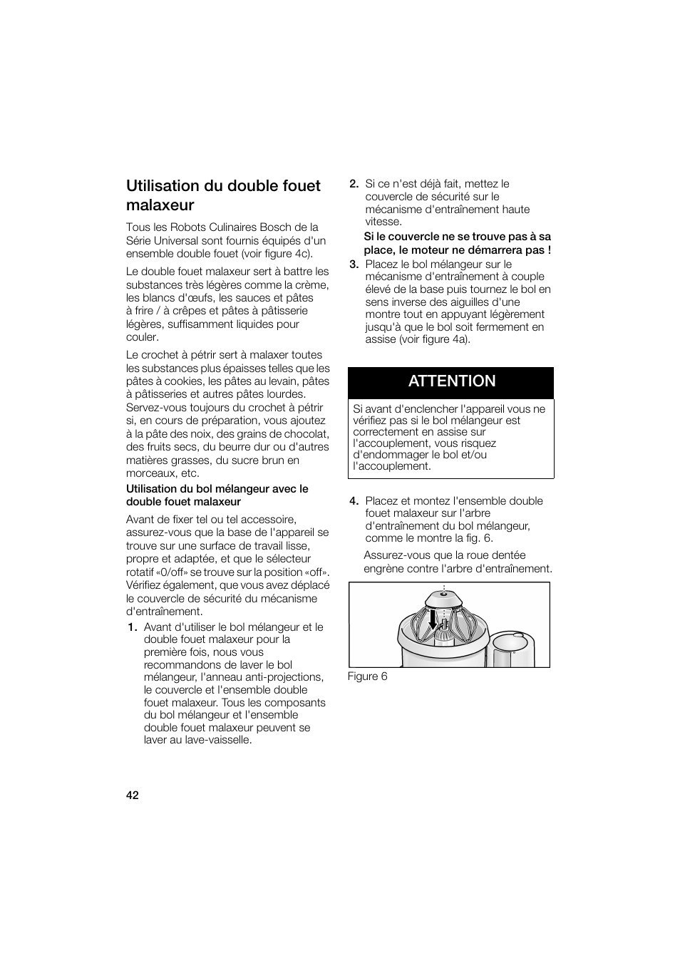 Utilisation du double fouet malaxeur, Attention | Bosch MUM6N10UC User Manual | Page 42 / 88