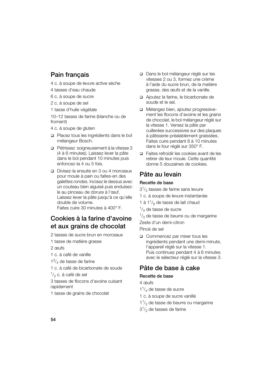 Pain français, Pâte au levain, Pâte de base à cake | Bosch MUM6N10UC User Manual | Page 54 / 88