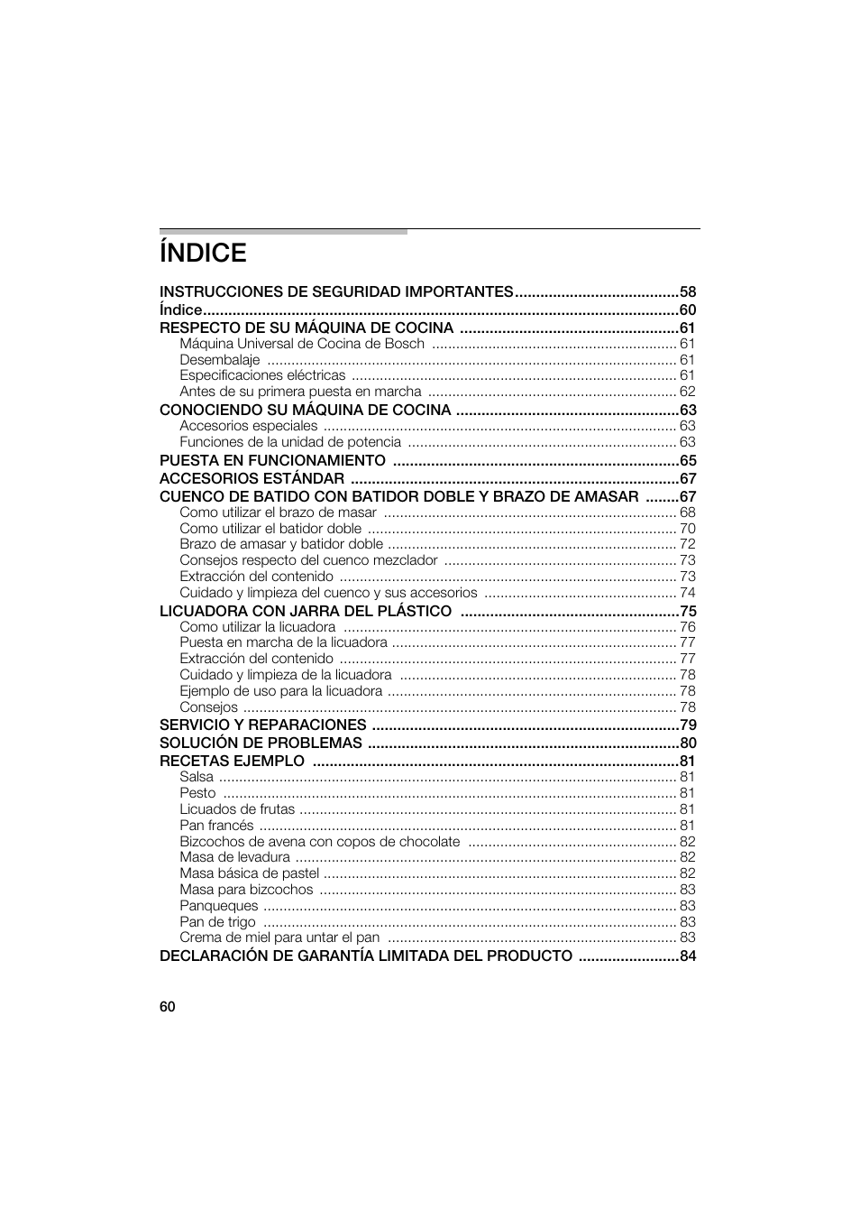 Índice | Bosch MUM6N10UC User Manual | Page 60 / 88