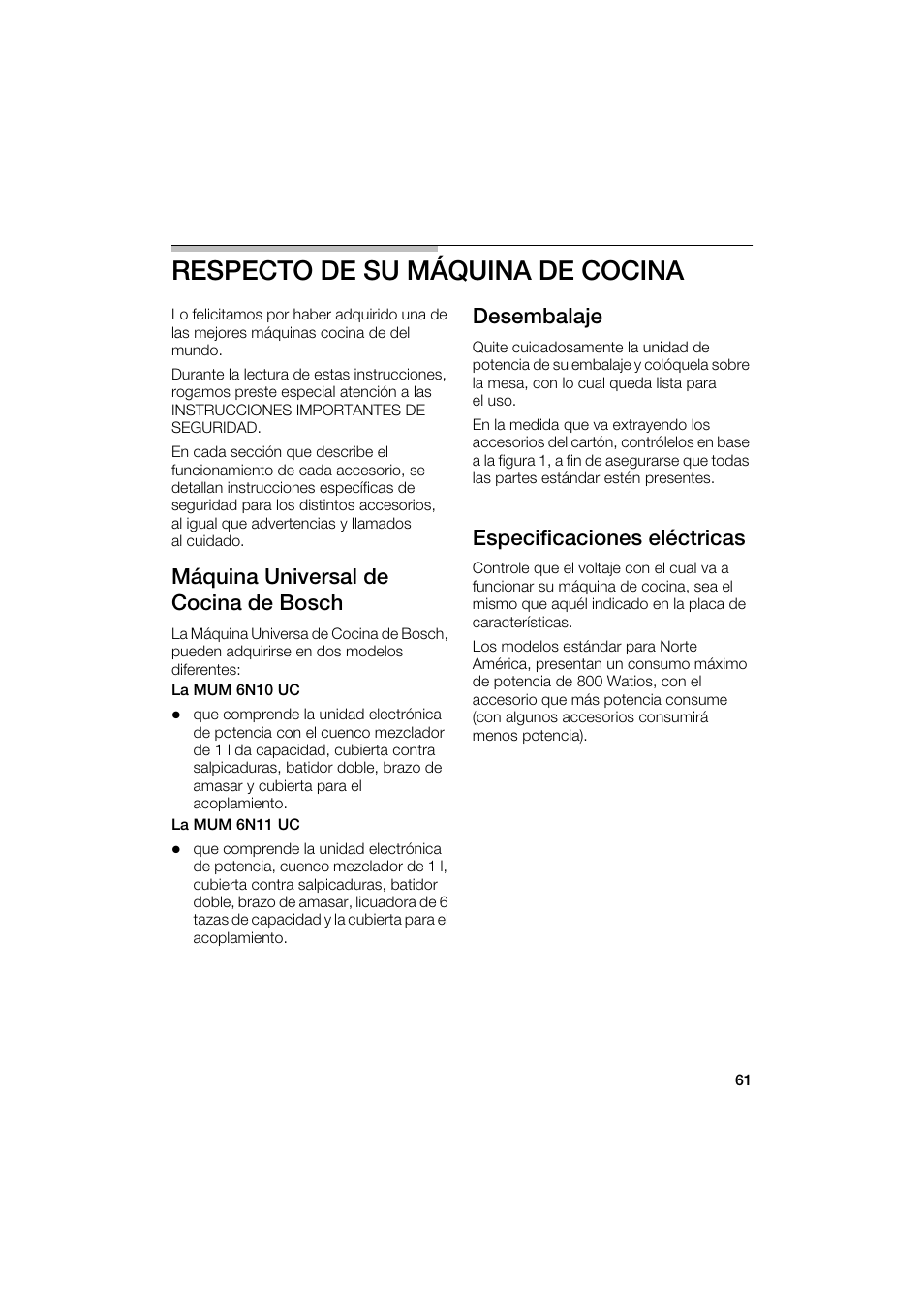 Respecto de su máquina de cocina, Máquina universal de cocina de bosch, Desembalaje | Especificaciones eléctricas | Bosch MUM6N10UC User Manual | Page 61 / 88