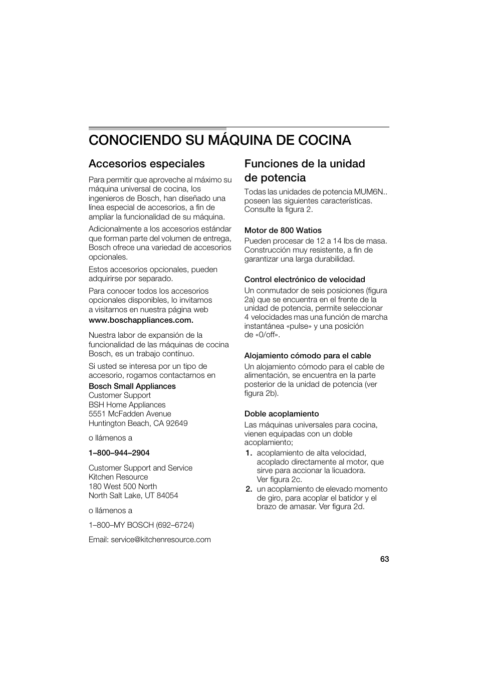Conociendo su máquina de cocina, Accesorios especiales, Funciones de la unidad de potencia | Bosch MUM6N10UC User Manual | Page 63 / 88