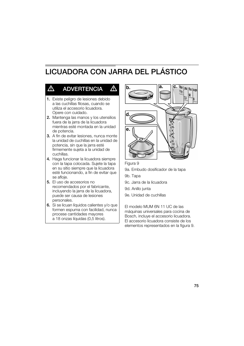 Licuadora con jarra del plástico, Advertencia | Bosch MUM6N10UC User Manual | Page 75 / 88