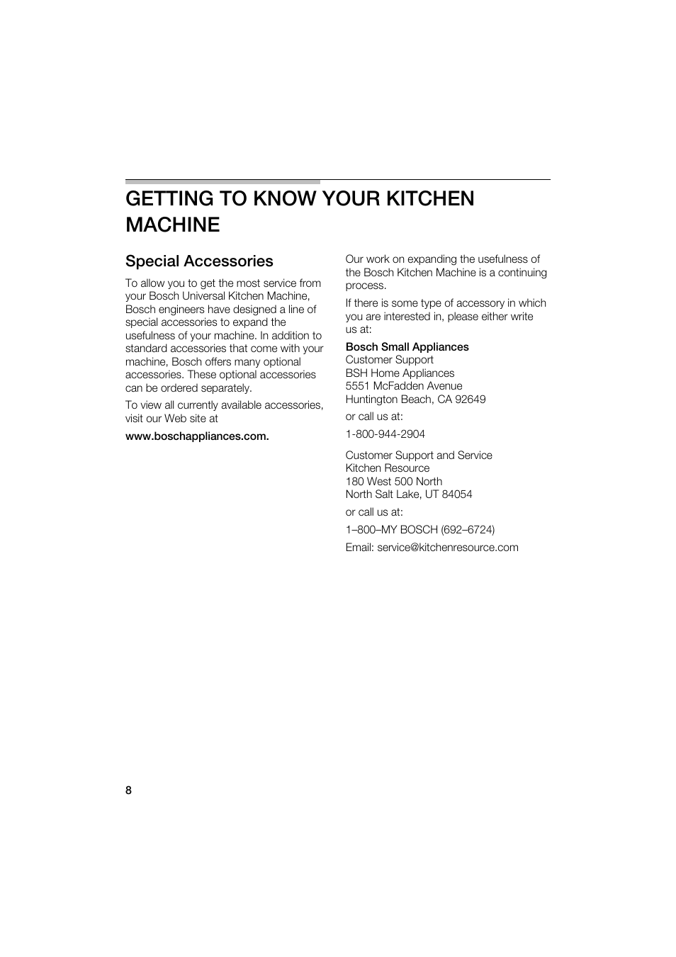Getting to know your kitchen machine, Special accessories | Bosch MUM6N10UC User Manual | Page 8 / 88