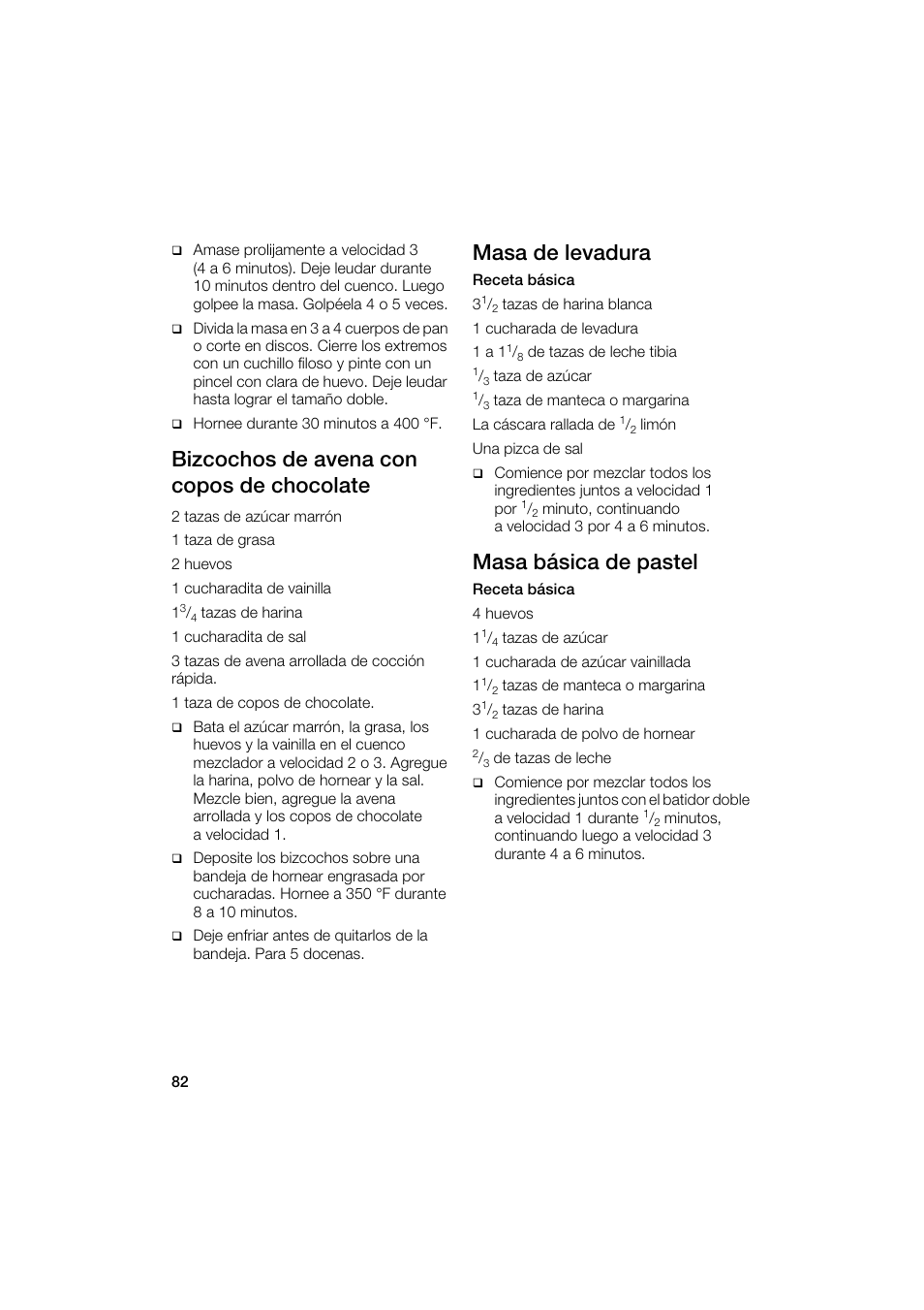 Bizcochos de avena con copos de chocolate, Masa de levadura, Masa básica de pastel | Bosch MUM6N10UC User Manual | Page 82 / 88
