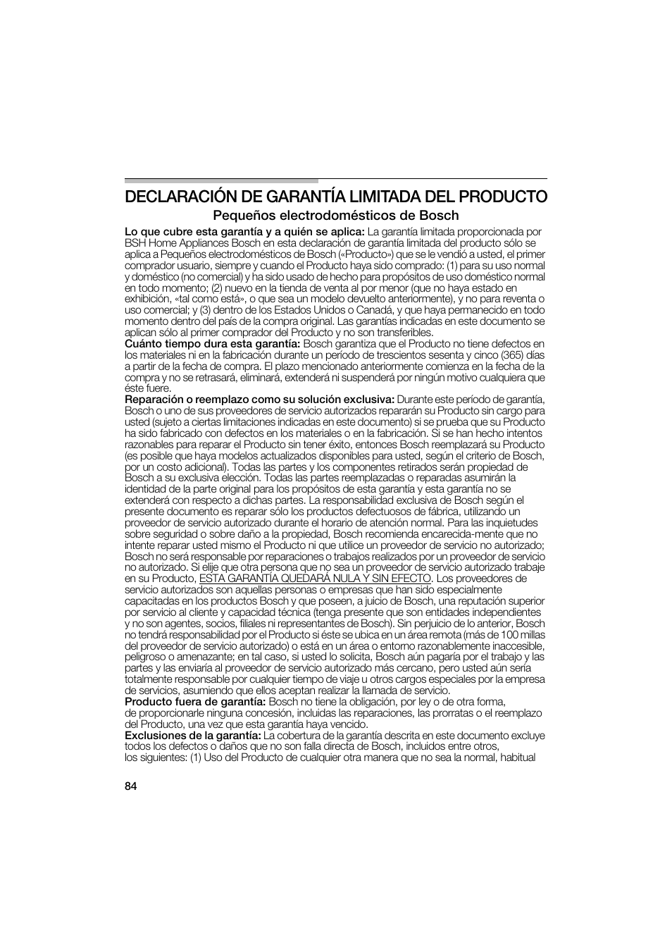 Declaración de garantía limitada del producto | Bosch MUM6N10UC User Manual | Page 84 / 88