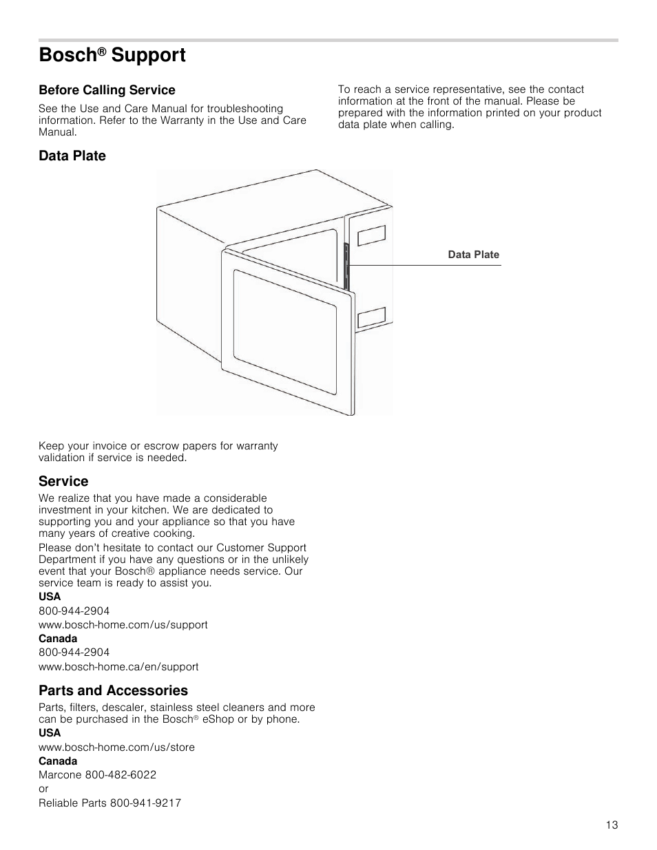 Bosch® support, Before calling service, Data plate | Service, Parts and accessories, Bosch, Support | Bosch HMB5051 User Manual | Page 13 / 40