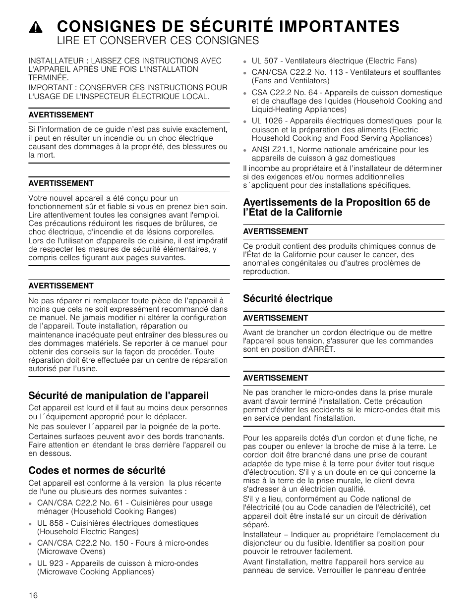 Consignes de sécurité importantes, Lire et conserver ces consignes, Avertissement | Sécurité de manipulation de l'appareil, Codes et normes de sécurité, Sécurité électrique, Californie sécurité électrique, Ul 507 - ventilateurs électrique (electric fans) | Bosch HMB5051 User Manual | Page 16 / 40