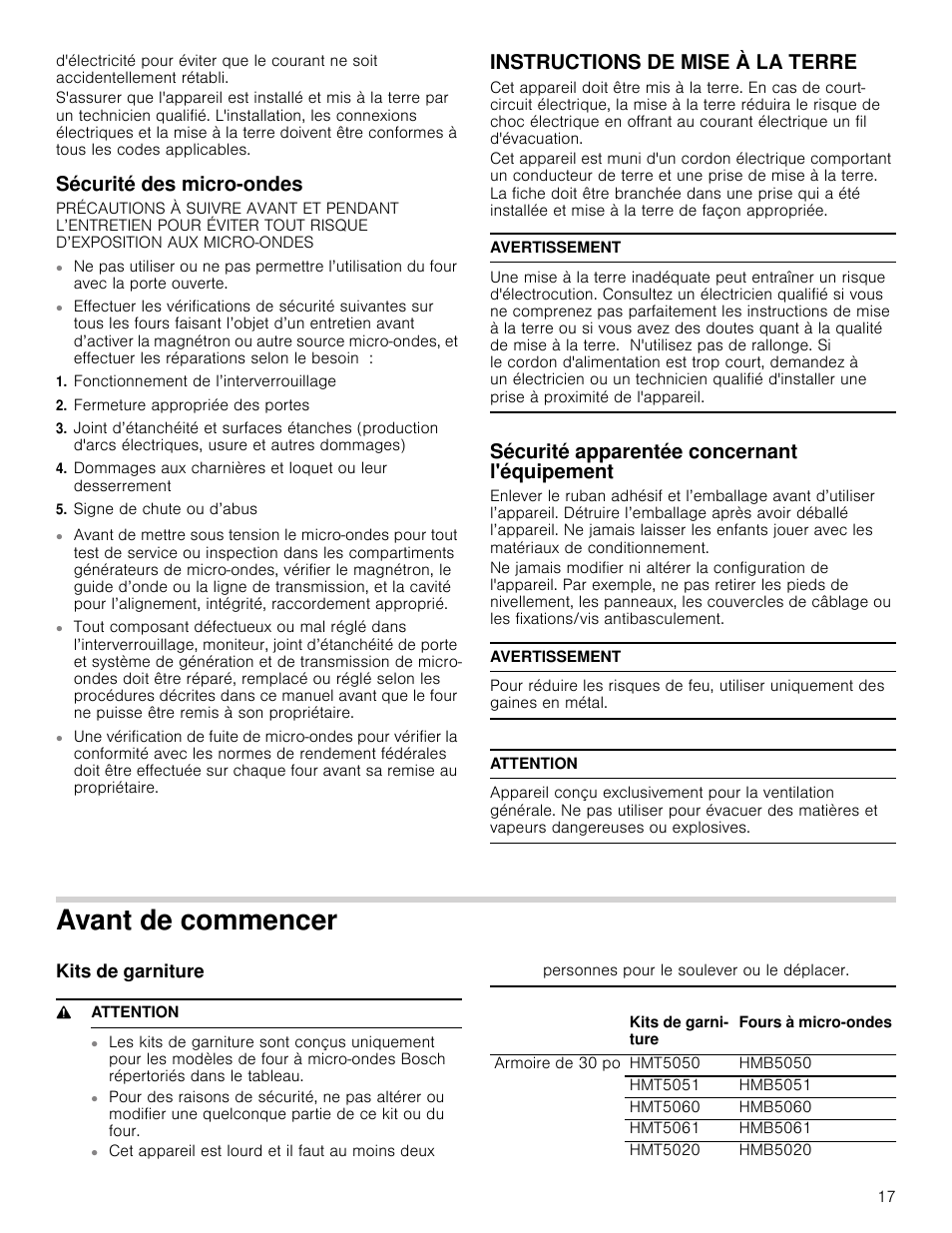 Sécurité des micro-ondes, Fonctionnement de l’interverrouillage, Fermeture appropriée des portes | Signe de chute ou d’abus, Instructions de mise à la terre, Avertissement, Sécurité apparentée concernant l'équipement, Attention, Avant de commencer, Kits de garniture | Bosch HMB5051 User Manual | Page 17 / 40