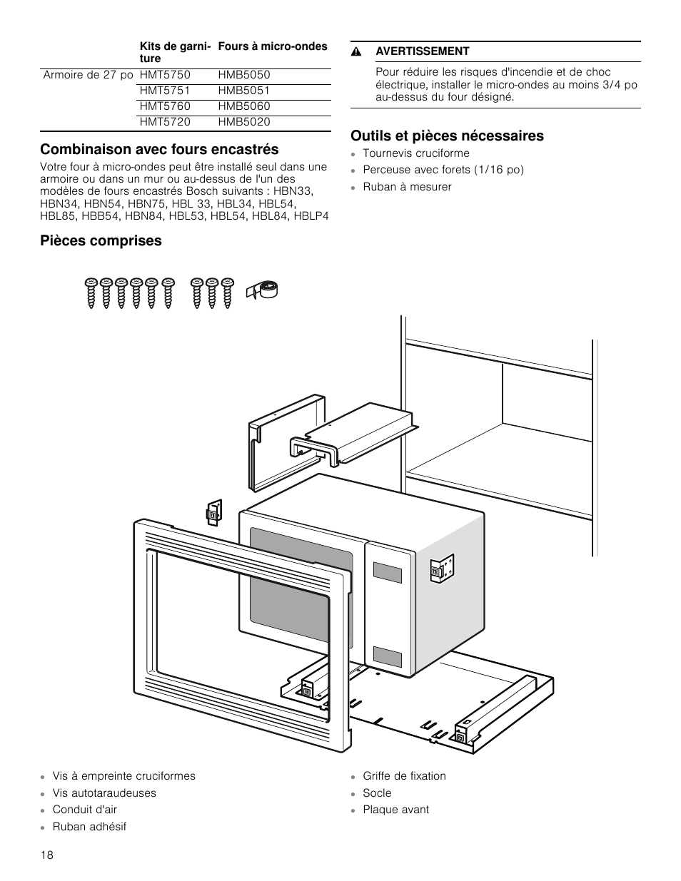Combinaison avec fours encastrés, 9 avertissement, Outils et pièces nécessaires | Pièces comprises | Bosch HMB5051 User Manual | Page 18 / 40