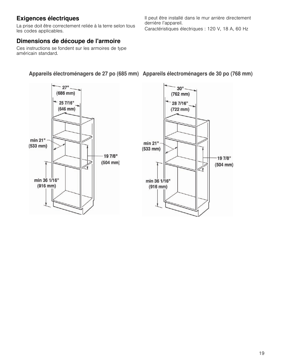 Exigences électriques, Dimensions de découpe de l'armoire | Bosch HMB5051 User Manual | Page 19 / 40