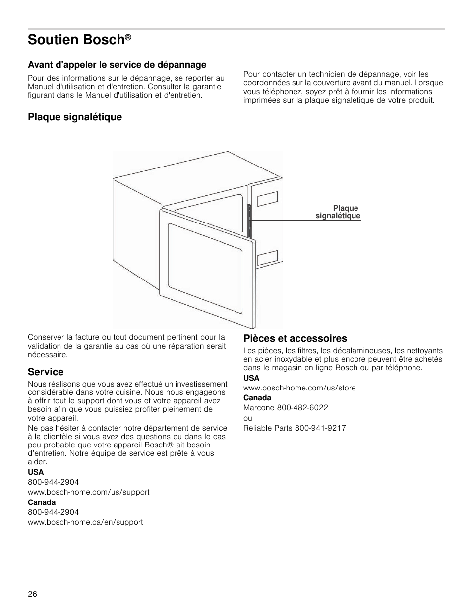 Soutien bosch, Avant d'appeler le service de dépannage, Plaque signalétique | Service, Pièces et accessoires | Bosch HMB5051 User Manual | Page 26 / 40