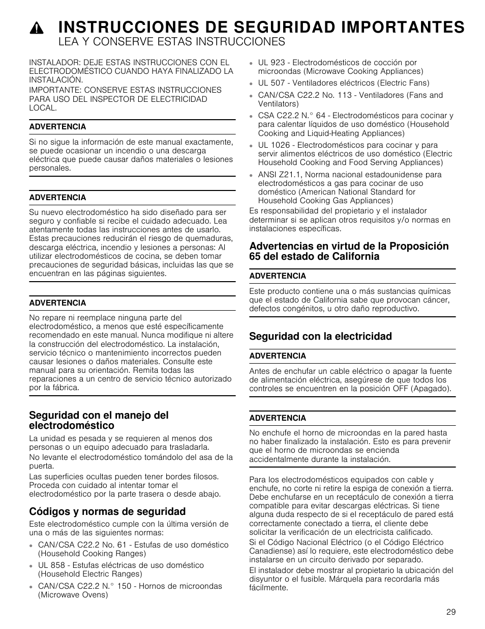 Instrucciones de seguridad importantes, Lea y conserve estas instrucciones, Advertencia | Seguridad con el manejo del electrodoméstico, Códigos y normas de seguridad, Seguridad con la electricidad, De california seguridad con la electricidad, Ul 507 - ventiladores eléctricos (electric fans) | Bosch HMB5051 User Manual | Page 29 / 40