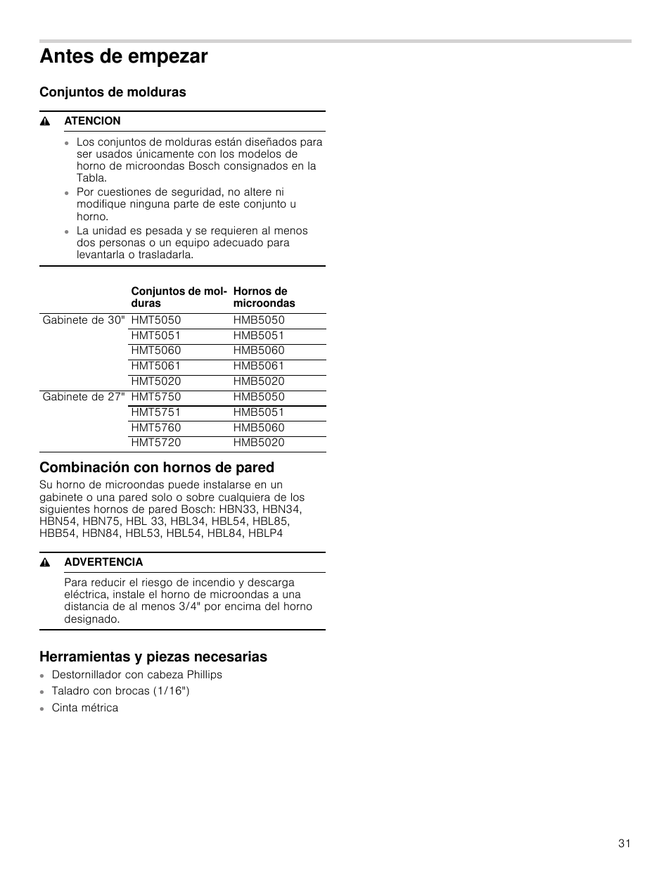 Antes de empezar, Conjuntos de molduras, 9 atencion | Combinación con hornos de pared, 9 advertencia, Herramientas y piezas necesarias | Bosch HMB5051 User Manual | Page 31 / 40