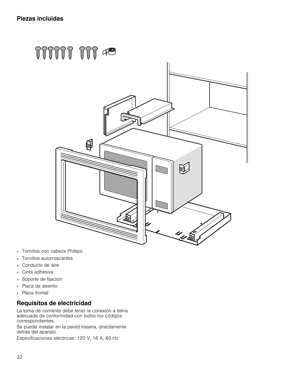 Piezas incluidas, Requisitos de electricidad, Piezas incluidas requisitos de electricidad | Bosch HMB5051 User Manual | Page 32 / 40