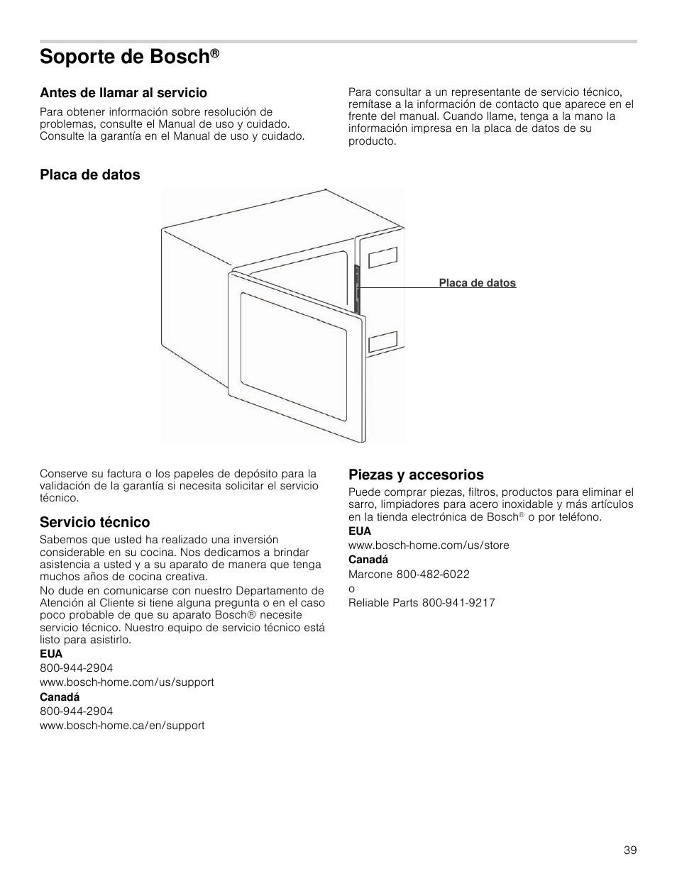 Soporte de bosch, Antes de llamar al servicio, Placa de datos | Servicio técnico, Piezas y accesorios | Bosch HMB5051 User Manual | Page 39 / 40