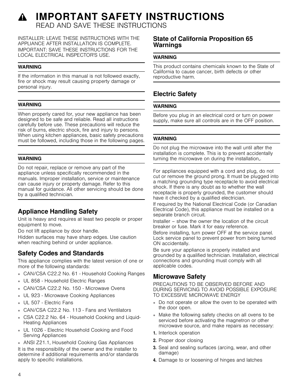 Important safety instructions, Read and save these instructions, Warning | Appliance handling safety, Safety codes and standards, State of california proposition 65 warnings, Electric safety, Microwave safety, Interlock operation, Proper door closing | Bosch HMB5051 User Manual | Page 4 / 40