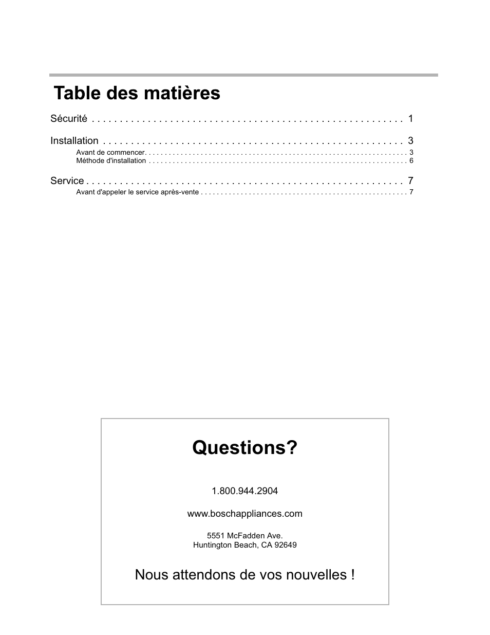 Questions, Nous attendons de vos nouvelles | Bosch DHL755BUC User Manual | Page 10 / 28