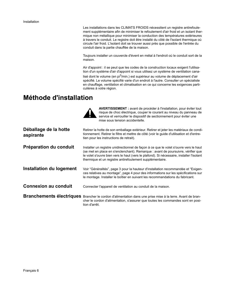 Déballage de la hotte aspirante, Préparation du conduit, Installation du logement | Connexion au conduit, Branchements électriques | Bosch DHL755BUC User Manual | Page 16 / 28