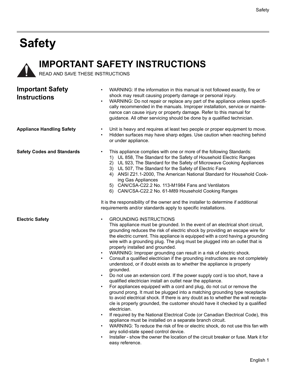 Safety, Important safety instructions, Appliance handling safety | Safety codes and standards, Electric safety | Bosch DHL755BUC User Manual | Page 3 / 28