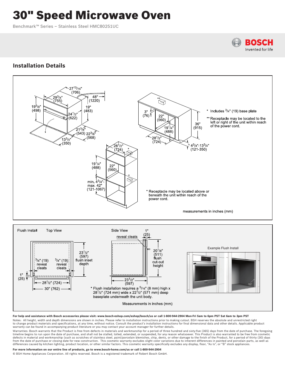 30" speed microwave oven, Installation details | Bosch HMC80251UC User Manual | Page 2 / 3