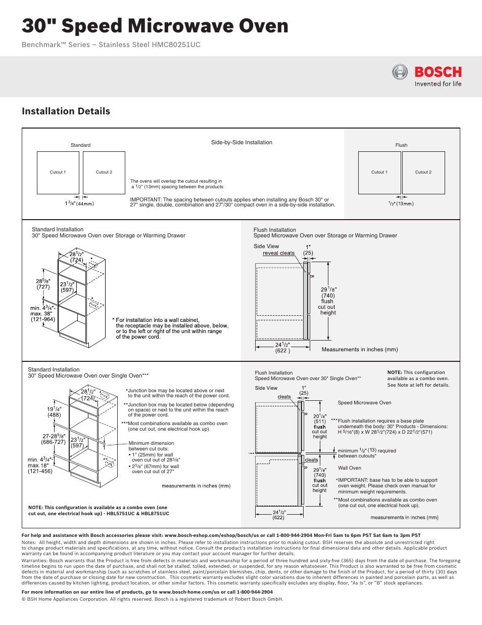 30" speed microwave oven, Installation details | Bosch HMC80251UC User Manual | Page 3 / 3