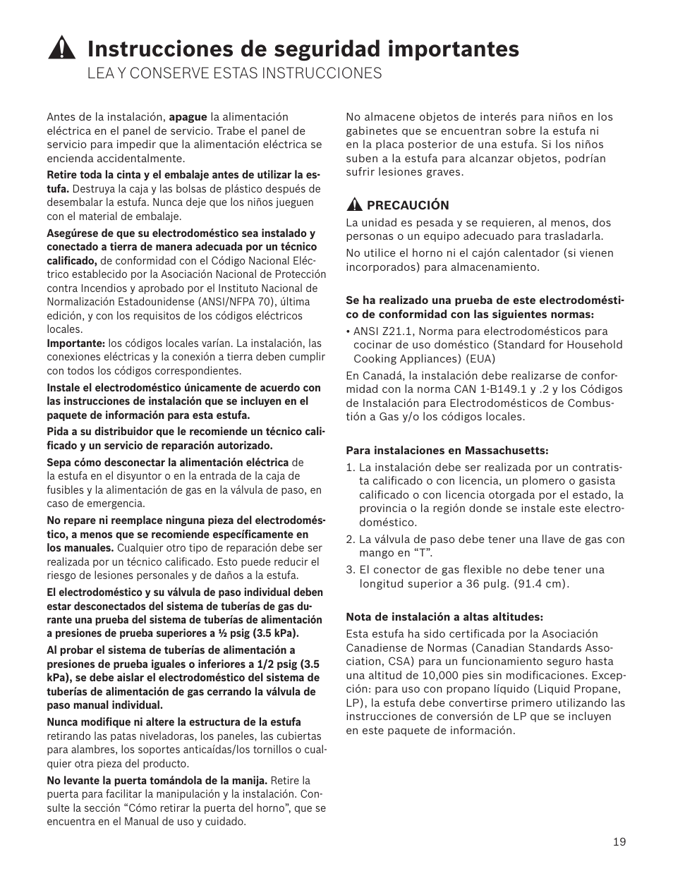 Instrucciones de seguridad importantes, Lea y conserve estas instrucciones | Bosch HGS7282UC User Manual | Page 19 / 28