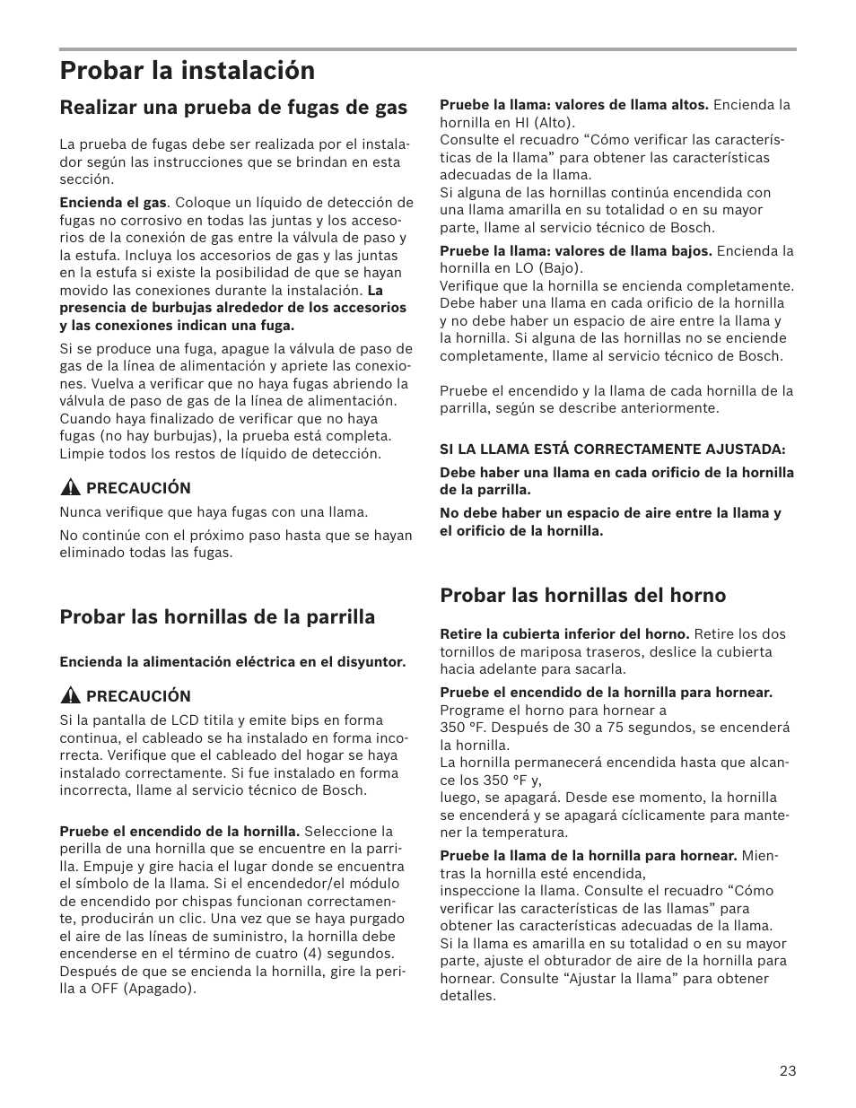 Probar la instalación, Realizar una prueba de fugas de gas, Probar las hornillas de la parrilla | Probar las hornillas del horno | Bosch HGS7282UC User Manual | Page 23 / 28