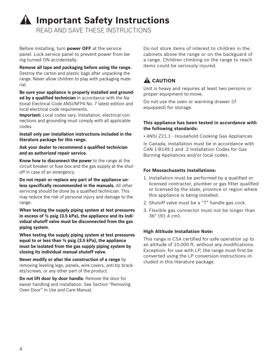 Important safety instructions, Read and save these instructions | Bosch HGS7282UC User Manual | Page 4 / 28