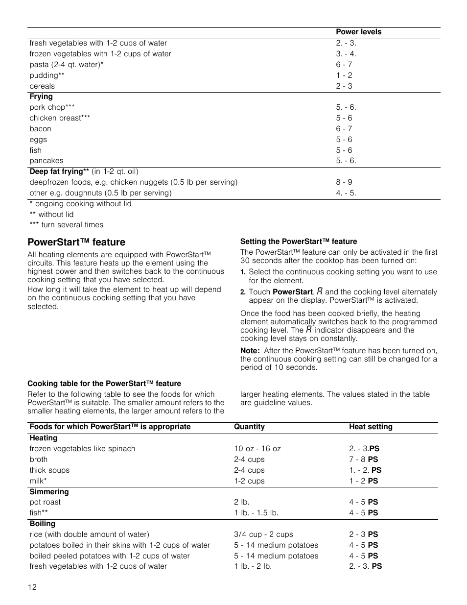 Powerstart™ feature, Setting the powerstart™ feature, Note | Cooking table for the powerstart™ feature | Bosch NETP666SUC User Manual | Page 12 / 68