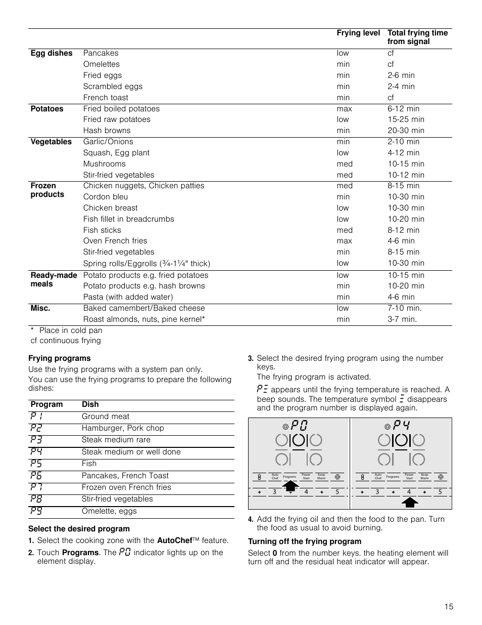 Frying programs, Use the frying programs with a system pan only, Select the desired program | Select the cooking zone with the autochef™ feature, The frying program is activated, Turning off the frying program | Bosch NETP666SUC User Manual | Page 15 / 68