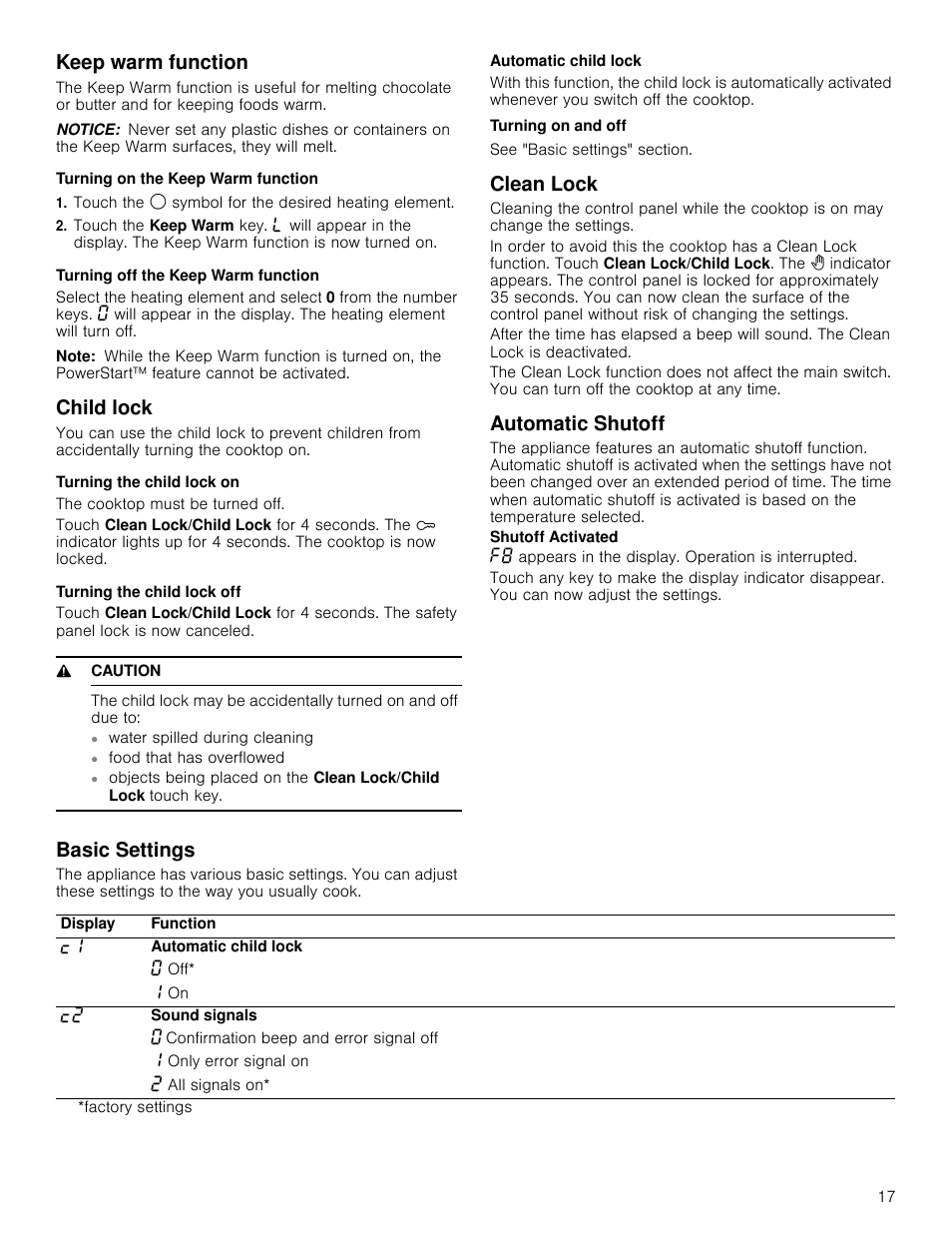 Keep warm function, Notice, Turning on the keep warm function | Touch the $ symbol for the desired heating element, Turning off the keep warm function, Note, Child lock, Turning the child lock on, The cooktop must be turned off, Turning the child lock off | Bosch NETP666SUC User Manual | Page 17 / 68