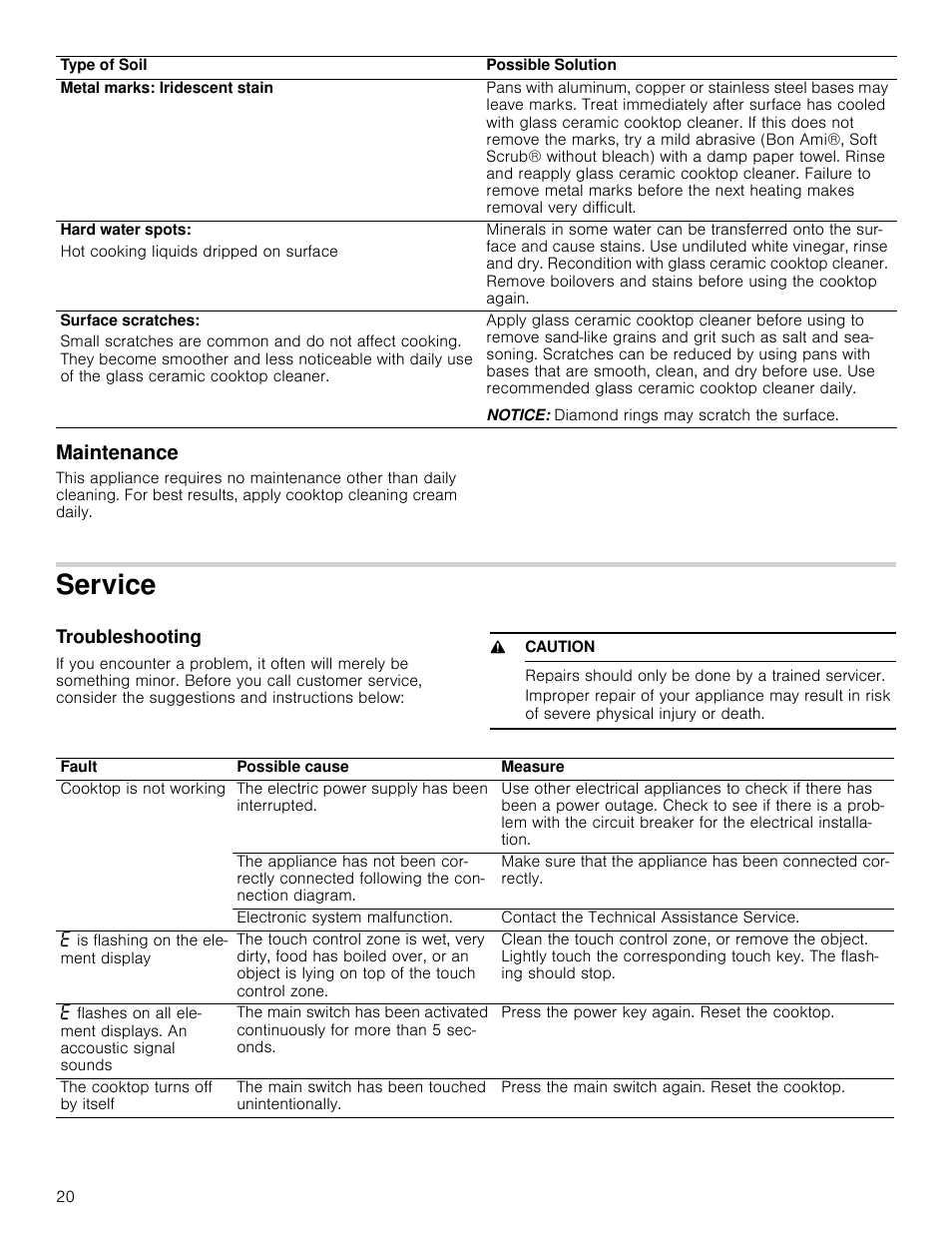 Maintenance, Service, Troubleshooting | 9 caution, Vice troubleshooting | Bosch NETP666SUC User Manual | Page 20 / 68