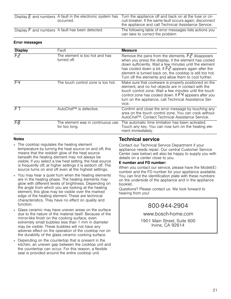 Error messages, Notes, Technical service | E number and fd number, Zzzervfkkrphfrp | Bosch NETP666SUC User Manual | Page 21 / 68