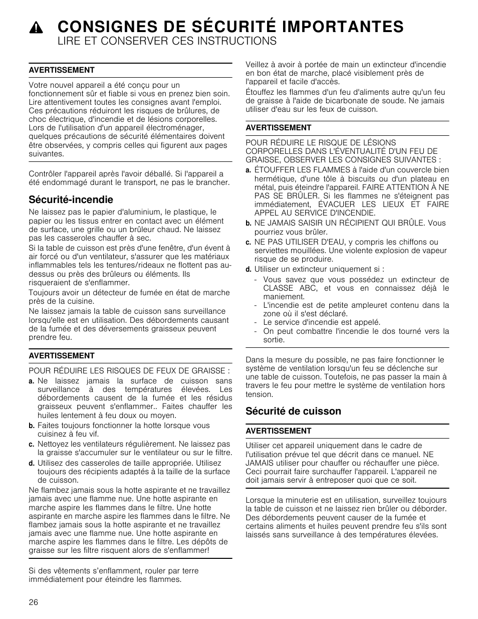 Consignes de sécurité importantes, Lire et conserver ces instructions, Avertissement | Sécurité-incendie, Pour réduire les risques de feux de graisse, D. utiliser un extincteur uniquement si, Sécurité de cuisson, Antes sécurité-incendie sécurité de cuisson | Bosch NETP666SUC User Manual | Page 26 / 68