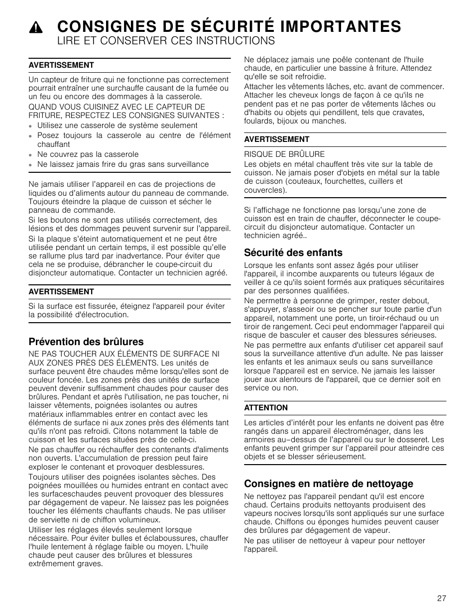 Avertissement, Prévention des brûlures, Risque de brûlure | Sécurité des enfants, Attention, Consignes en matière de nettoyage, Consignes de sécurité importantes, Lire et conserver ces instructions | Bosch NETP666SUC User Manual | Page 27 / 68