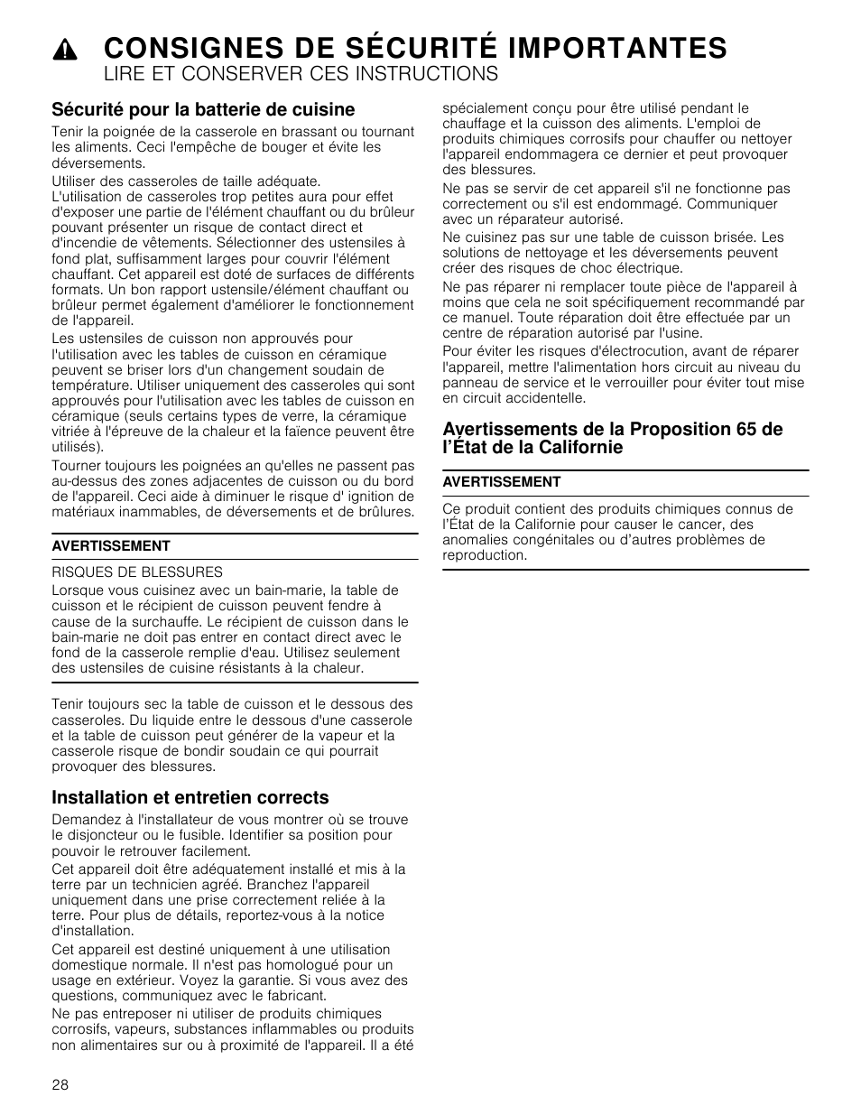 Sécurité pour la batterie de cuisine, Avertissement, Risques de blessures | Installation et entretien corrects, De l’état de la californie, Consignes de sécurité importantes, Lire et conserver ces instructions | Bosch NETP666SUC User Manual | Page 28 / 68