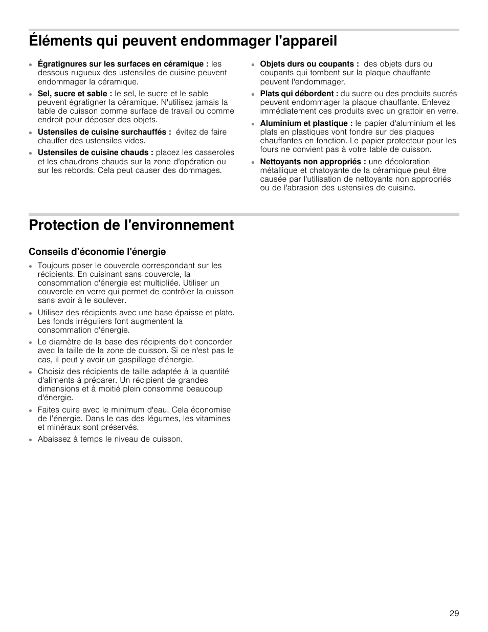 Éléments qui peuvent endommager l'appareil, Protection de l'environnement, Conseils d’économie l'énergie | Vironnement conseils d’économie l'énergie | Bosch NETP666SUC User Manual | Page 29 / 68