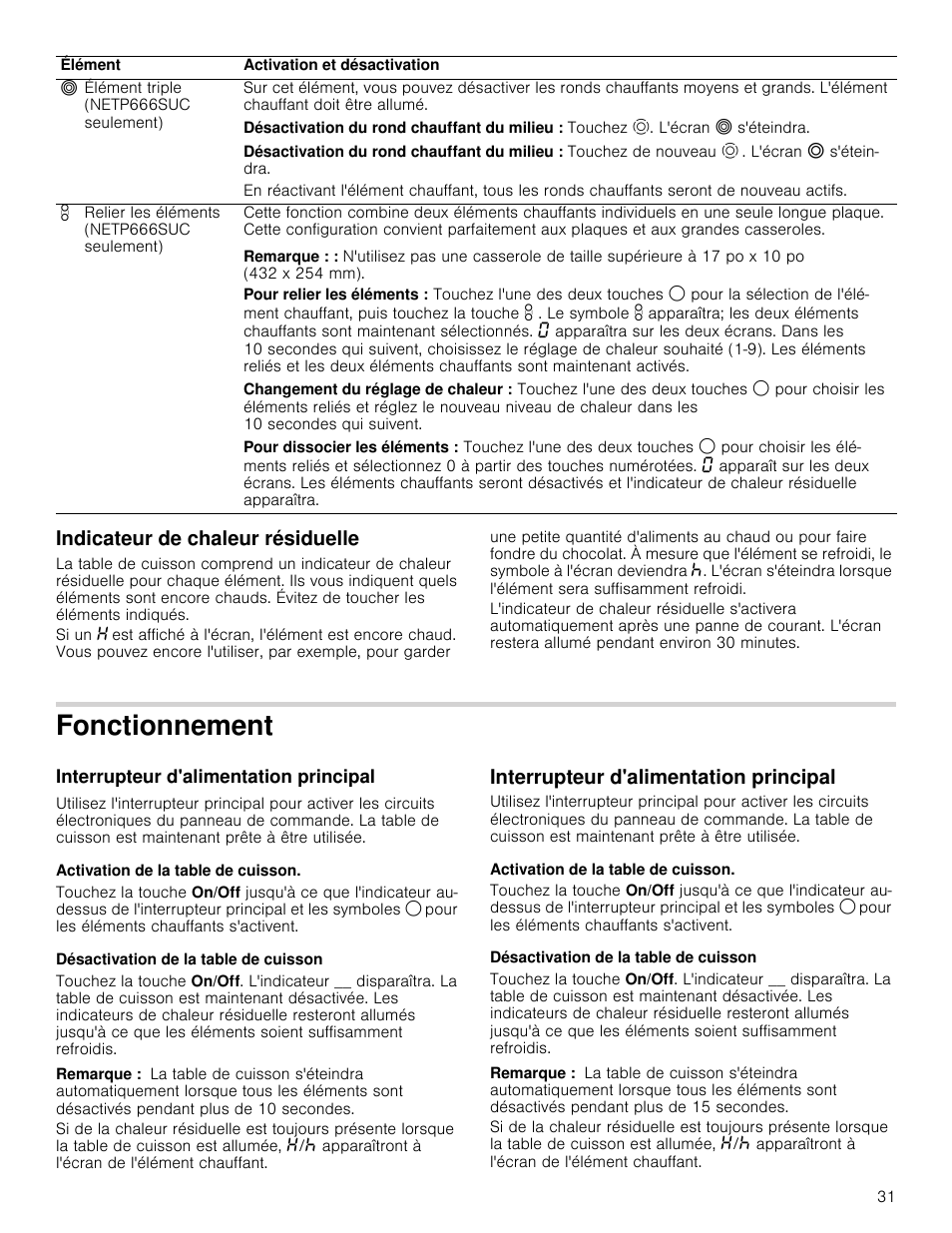 Indicateur de chaleur résiduelle, Fonctionnement, Interrupteur d'alimentation principal | Activation de la table de cuisson, Désactivation de la table de cuisson, Remarque | Bosch NETP666SUC User Manual | Page 31 / 68